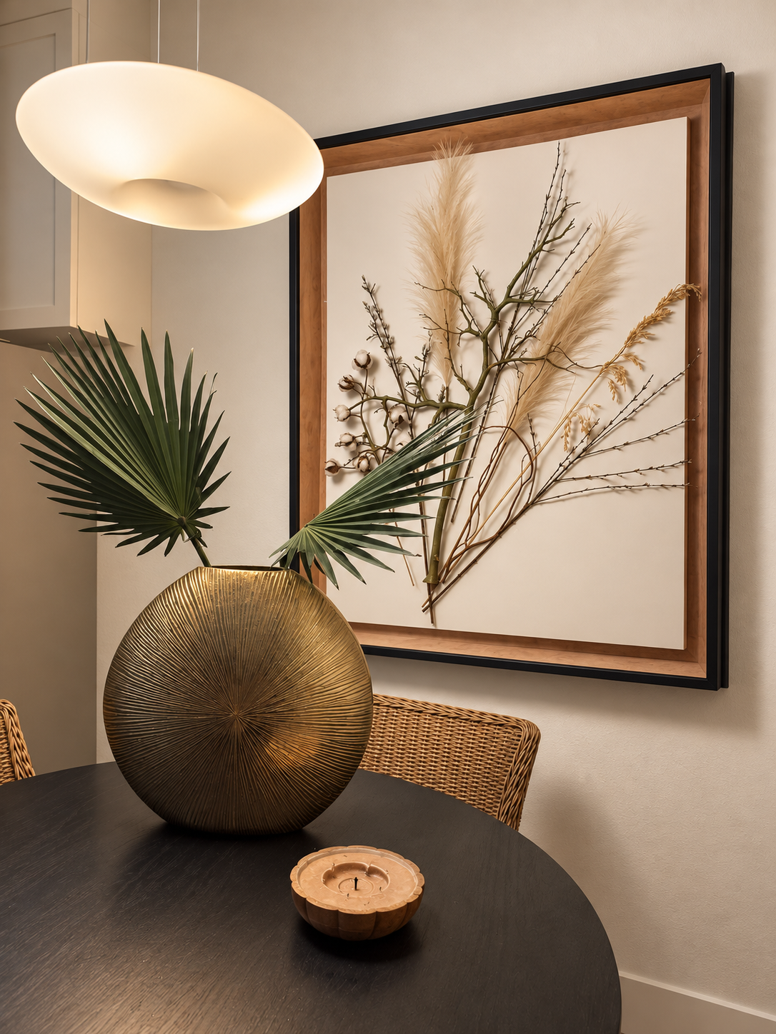 A framed botanical arrangement by Geuzane shown in a dining room